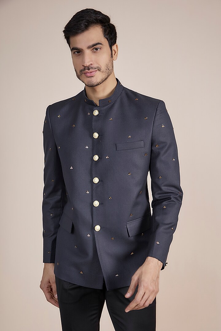 Blue Suiting Hand Embroidered Jodhpuri Set by AASTHASHAH at Pernia's Pop Up Shop