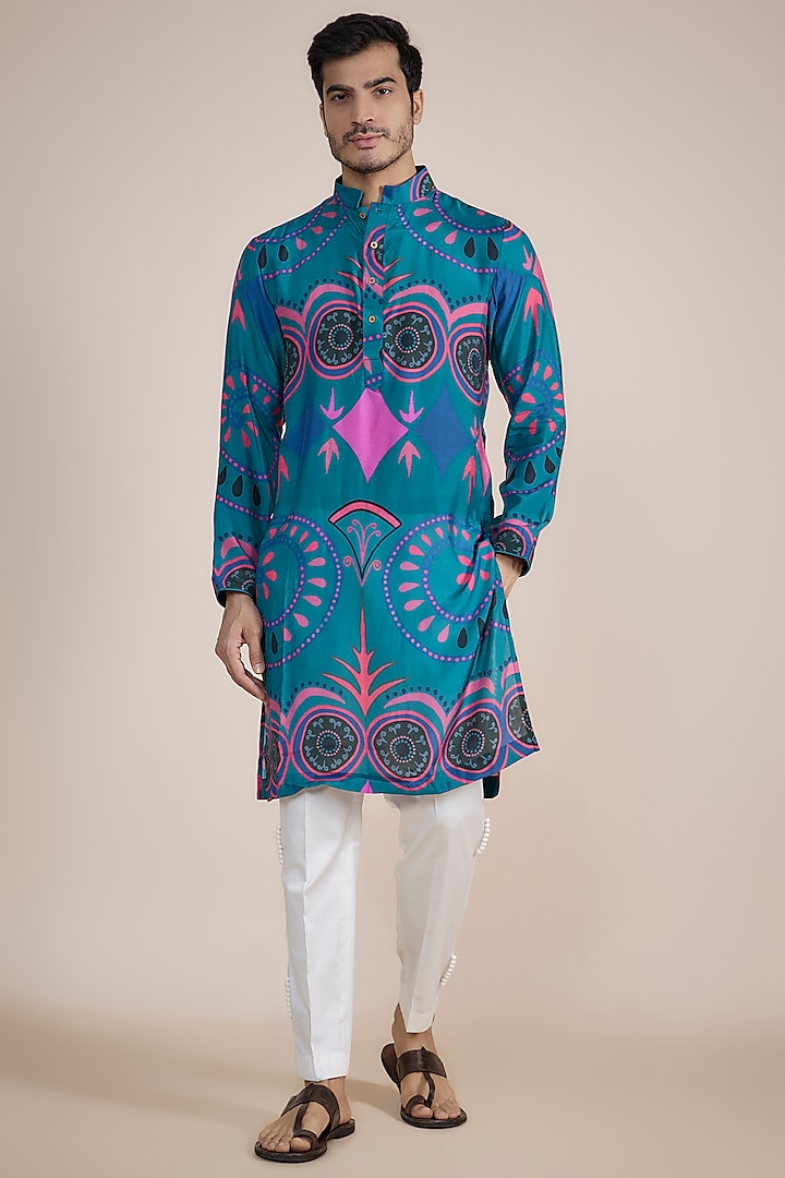 Multi-Colored Cotton Silk Blend Digital Printed Kurta Set by AASTHASHAH
