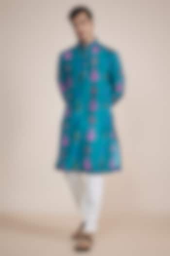 Blue Cotton Silk Blend Digital Printed Kurta Set by AASTHASHAH