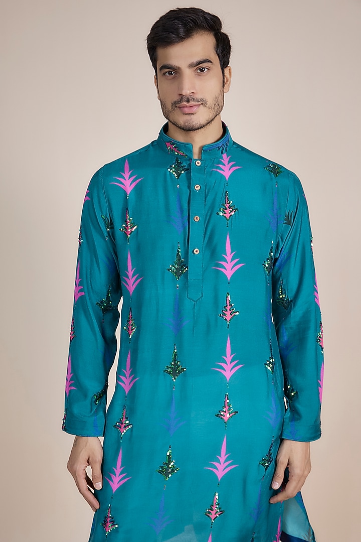 Blue Cotton Silk Blend Digital Printed Kurta Set by AASTHASHAH at Pernia's Pop Up Shop
