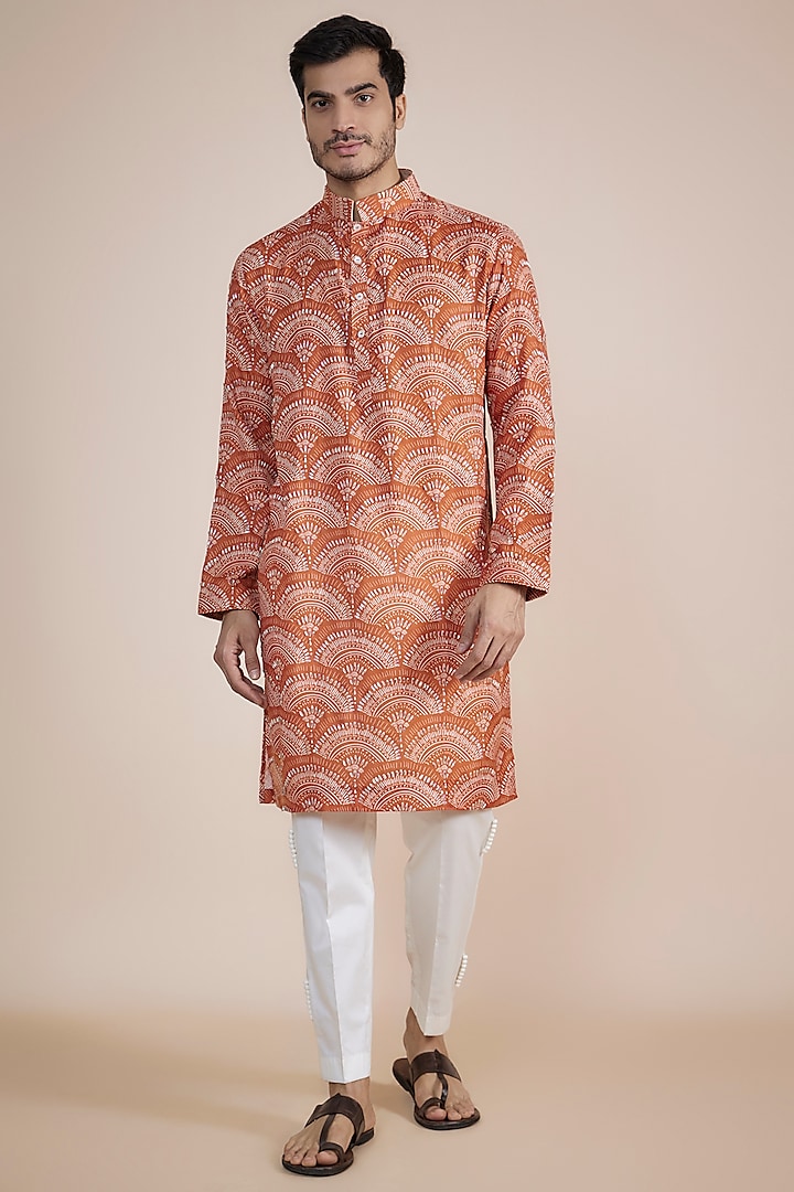 Orange Linen Blend Digital Printed Kurta Set by AASTHASHAH