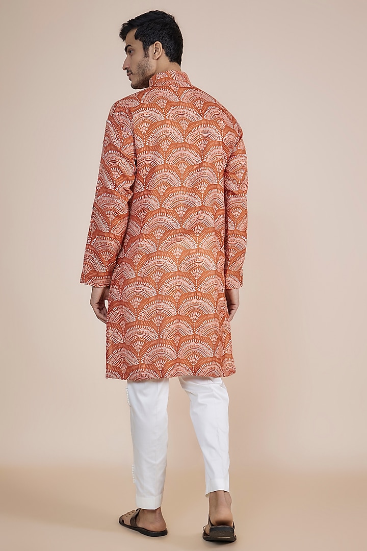 Orange Linen Blend Digital Printed Kurta Set by AASTHASHAH