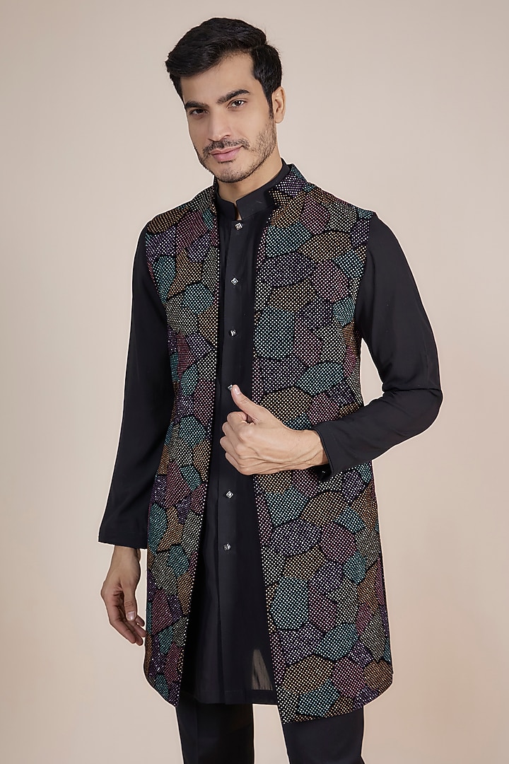 Black Velvet Hand Embroidered Wedding Indowestern Set by AASTHASHAH at Pernia's Pop Up Shop
