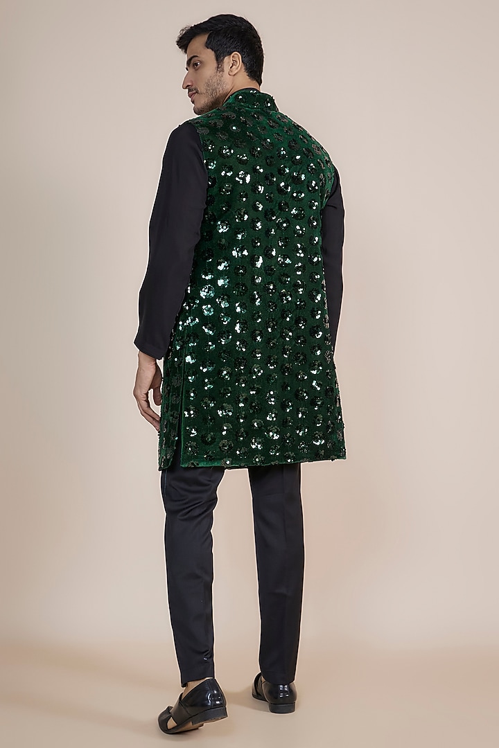 Green Velvet Hand Embroidered Wedding Indowestern Set by AASTHASHAH at Pernia's Pop Up Shop