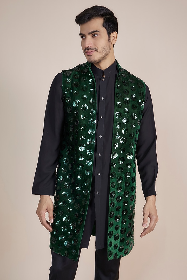 Green Velvet Hand Embroidered Wedding Indowestern Set by AASTHASHAH at Pernia's Pop Up Shop