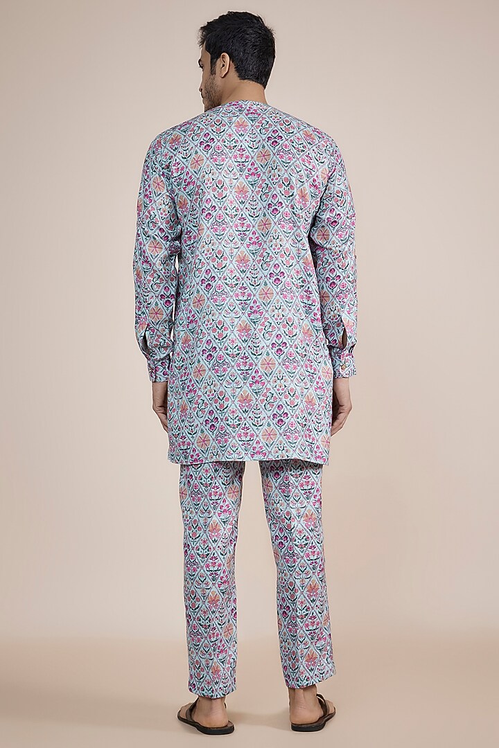 Blue Linen Blend Digital Printed Kurta Set by AASTHASHAH at Pernia's Pop Up Shop