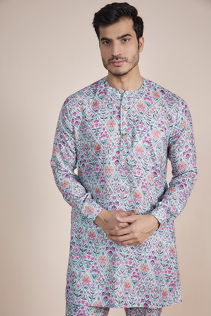 Blue Linen Blend Digital Printed Kurta Set by AASTHASHAH at Pernia's Pop Up Shop
