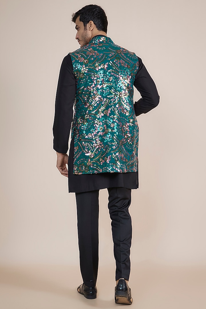 Green & Teal Net Sequins Embroidered Wedding Indowestern Set by AASTHASHAH at Pernia's Pop Up Shop