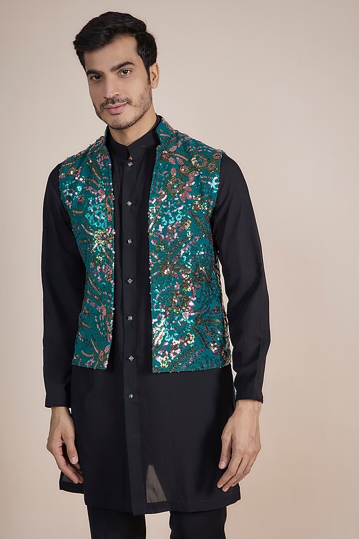 Green & Teal Net Sequins Embroidered Wedding Indowestern Set by AASTHASHAH at Pernia's Pop Up Shop