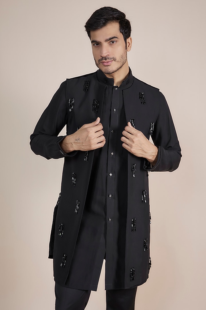 Black Viscose Hand Embroidered Wedding Indowestern Set by AASTHASHAH at Pernia's Pop Up Shop