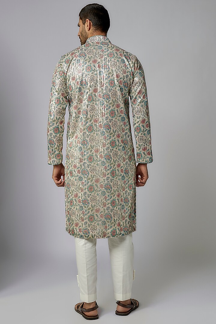 Beige Sequins Net Printed & Embroidered Kurta Set by AASTHASHAH at Pernia's Pop Up Shop