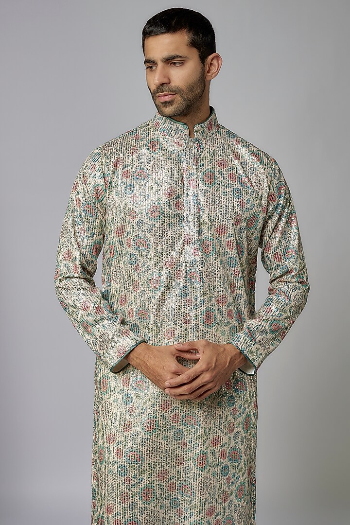 Beige Sequins Net Printed & Embroidered Kurta Set by AASTHASHAH at Pernia's Pop Up Shop
