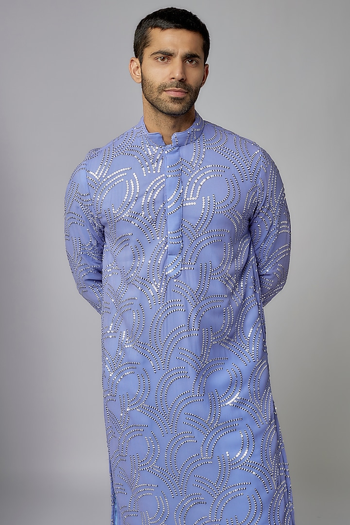 Pastel Purple Georgette Sequins Embroidered Kurta Set by AASTHASHAH at Pernia's Pop Up Shop