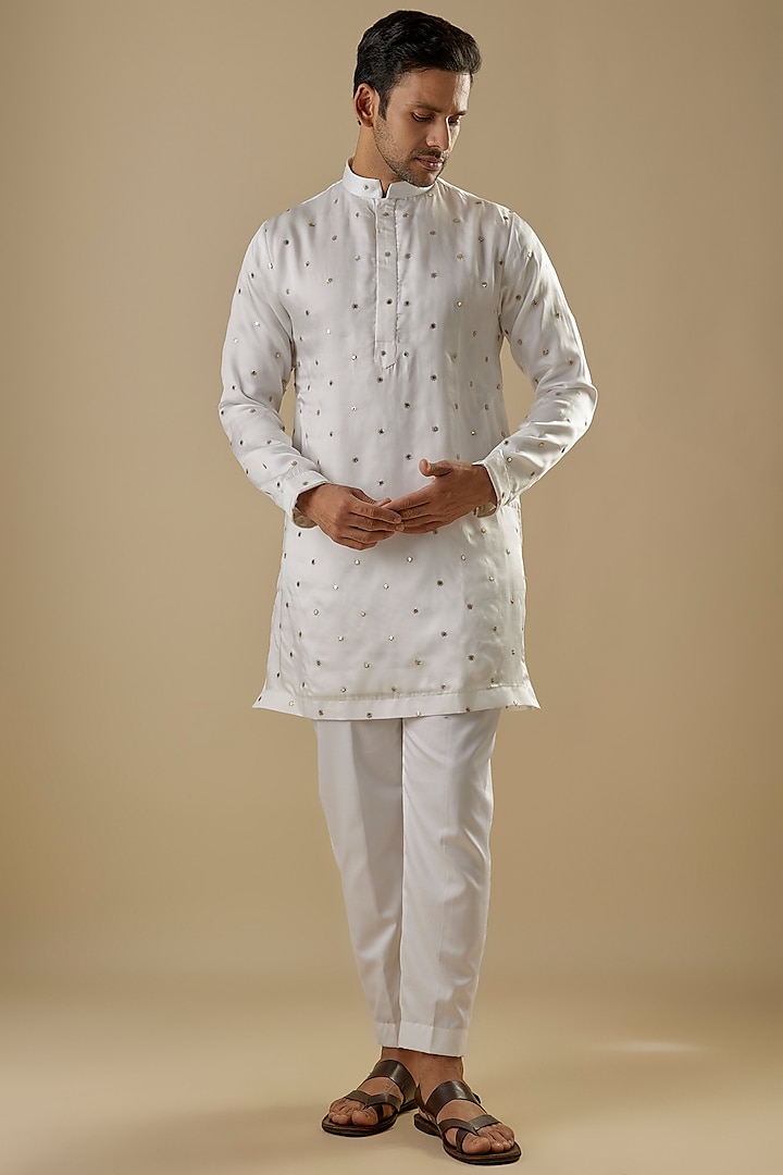 White Modal Silk Tikki & Aari Work Kurta Set by AASTHASHAH