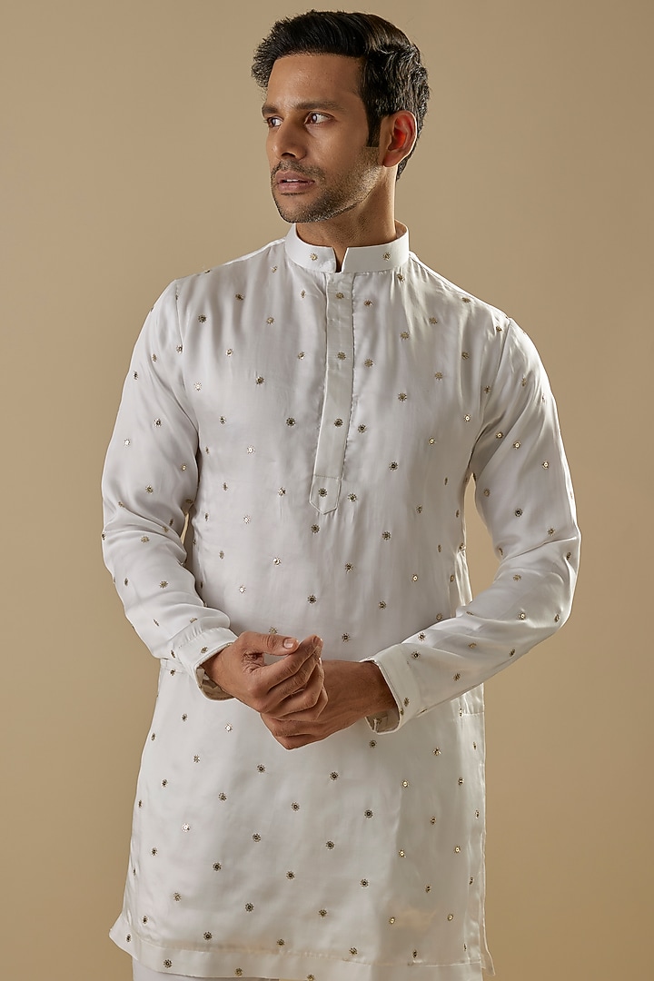 White Modal Silk Tikki & Aari Work Kurta Set by AASTHASHAH at Pernia's Pop Up Shop