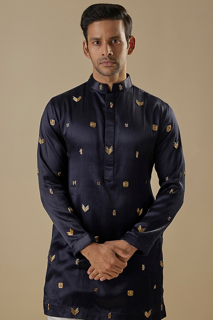 Dark Blue Gajji Boota Work Kurta Set by AASTHASHAH at Pernia's Pop Up Shop