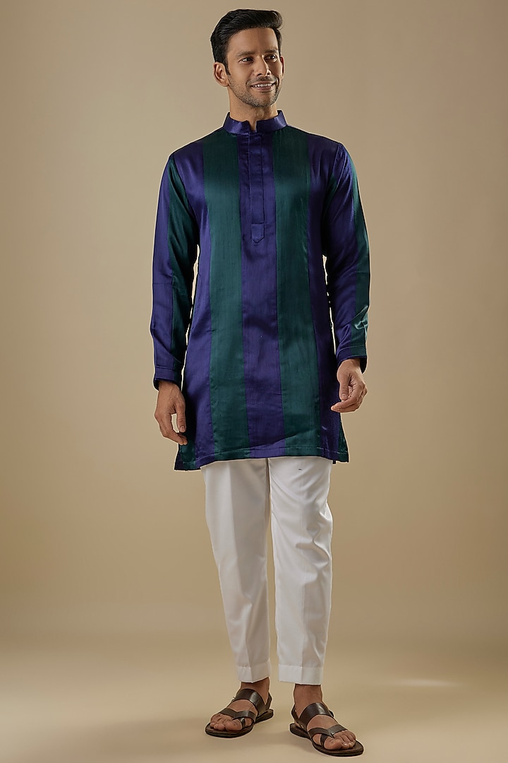 Royal Blue & Green Gajji Striped Kurta Set by AASTHASHAH