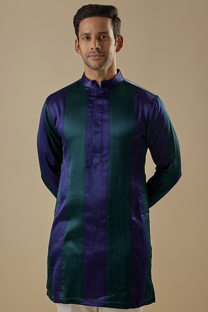 Royal Blue & Green Gajji Striped Kurta Set by AASTHASHAH at Pernia's Pop Up Shop