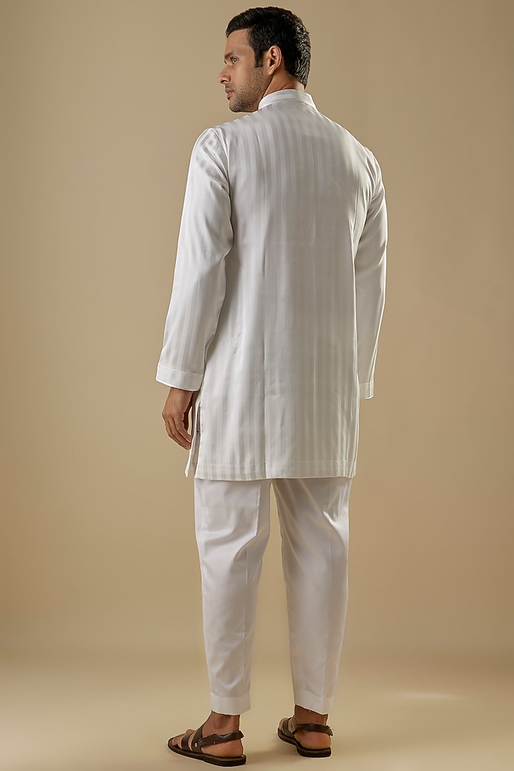 White Modal Satin & Organza Striped Kurta Set by AASTHASHAH at Pernia's Pop Up Shop