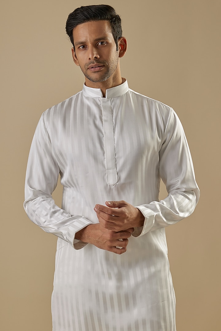 White Modal Satin & Organza Striped Kurta Set by AASTHASHAH at Pernia's Pop Up Shop