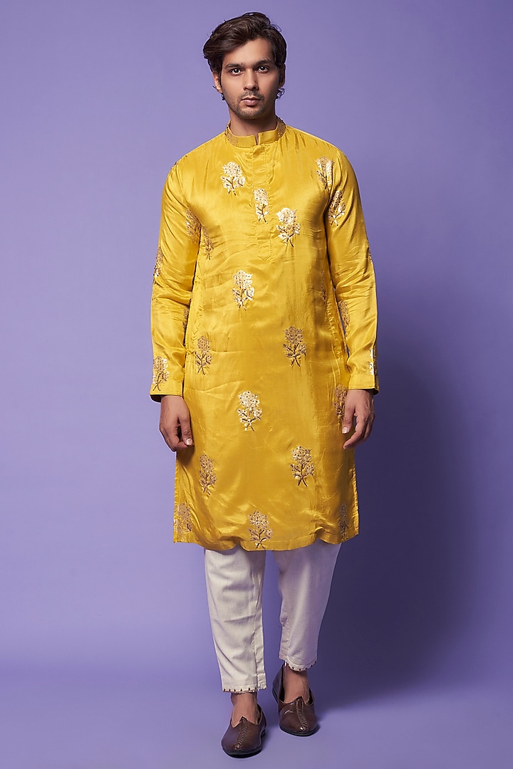 Chandan Yellow Banarasi Silk Kurta Set by AASTHASHAH