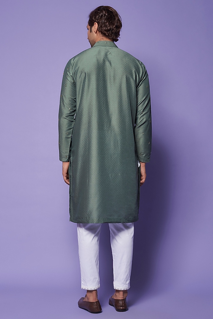 Metallic Green Muslin Cotton Silk Hand Work Kurta Set by AASTHASHAH at Pernia's Pop Up Shop