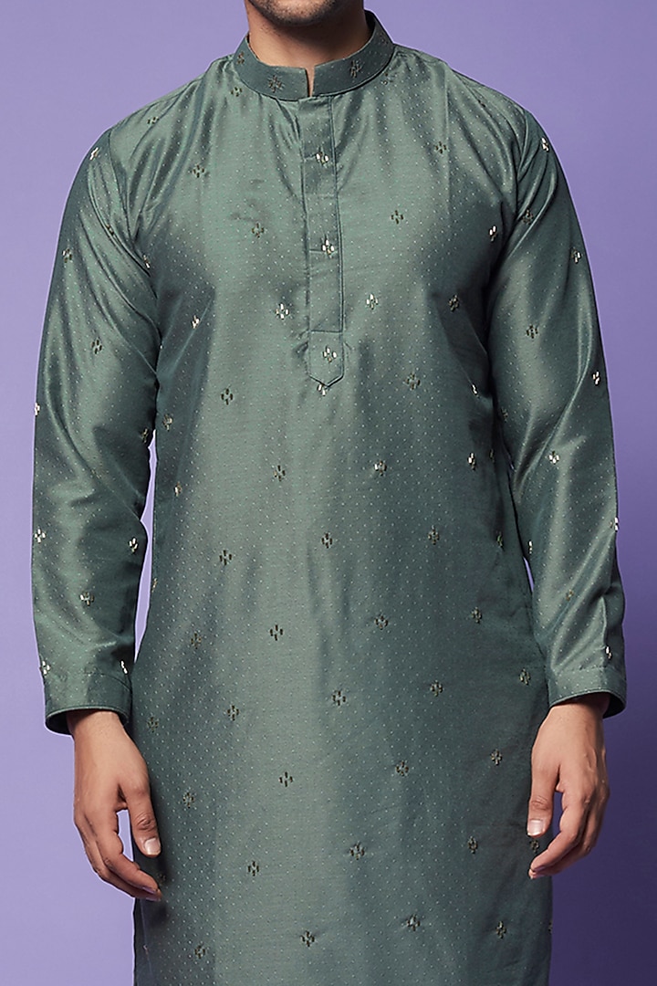 Metallic Green Muslin Cotton Silk Hand Work Kurta Set by AASTHASHAH at Pernia's Pop Up Shop