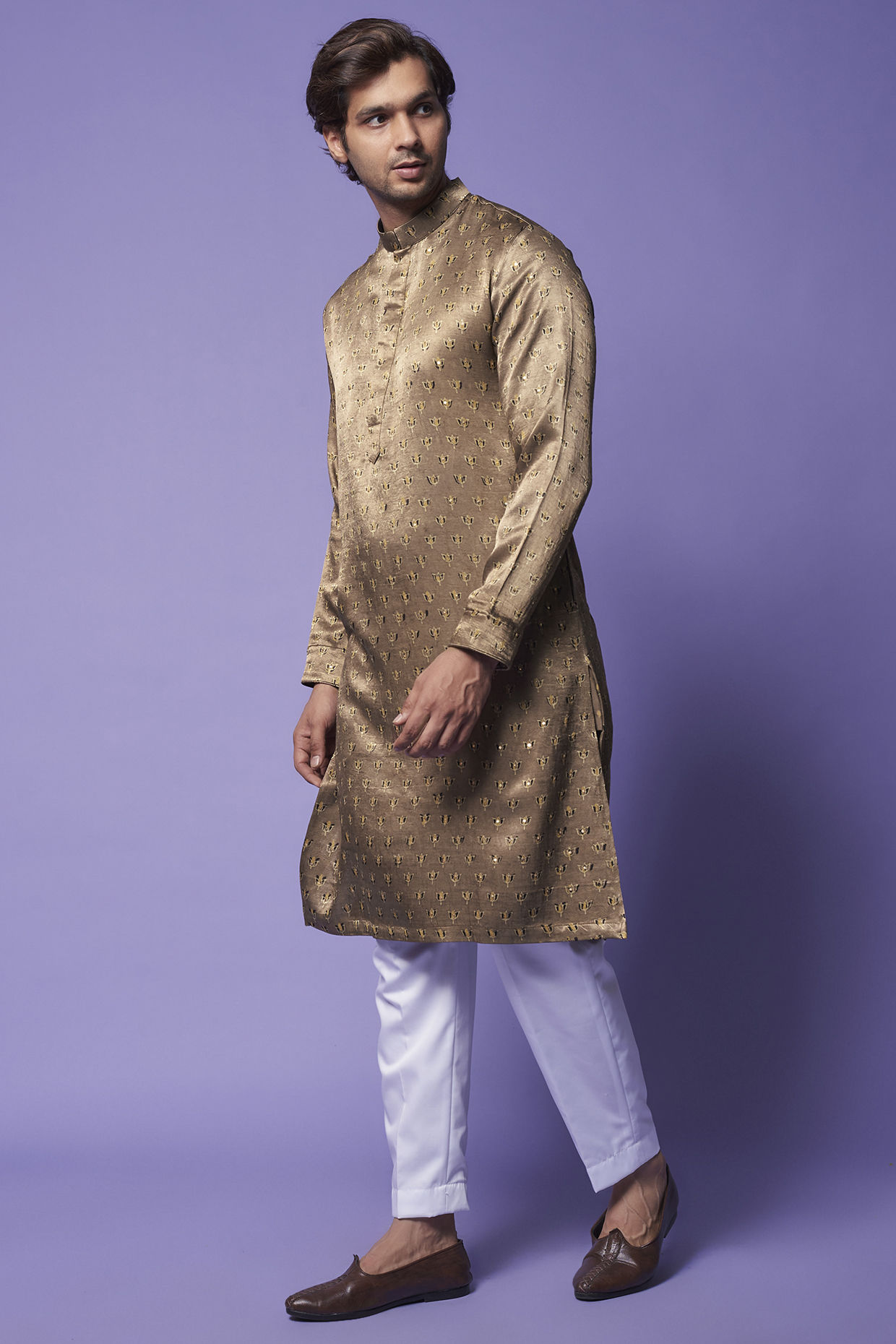 Beige Gajji Block Printed Kurta Set by AASTHASHAH