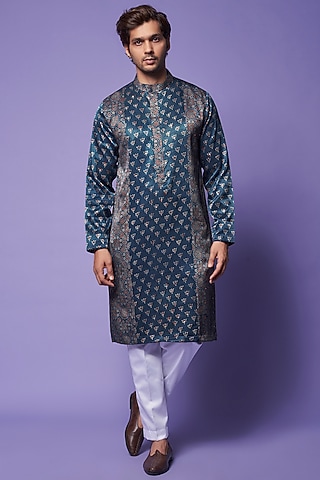 Blue Gajji Block Printed Kurta Set by AASTHASHAH
