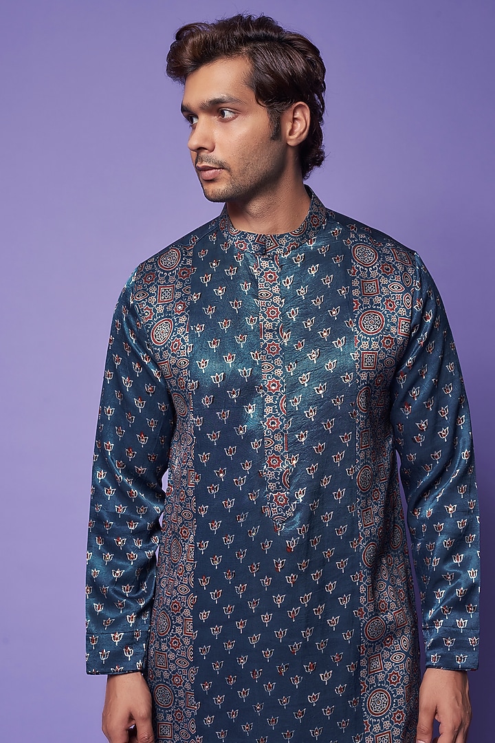 Blue Gajji Block Printed Kurta Set by AASTHASHAH at Pernia's Pop Up Shop