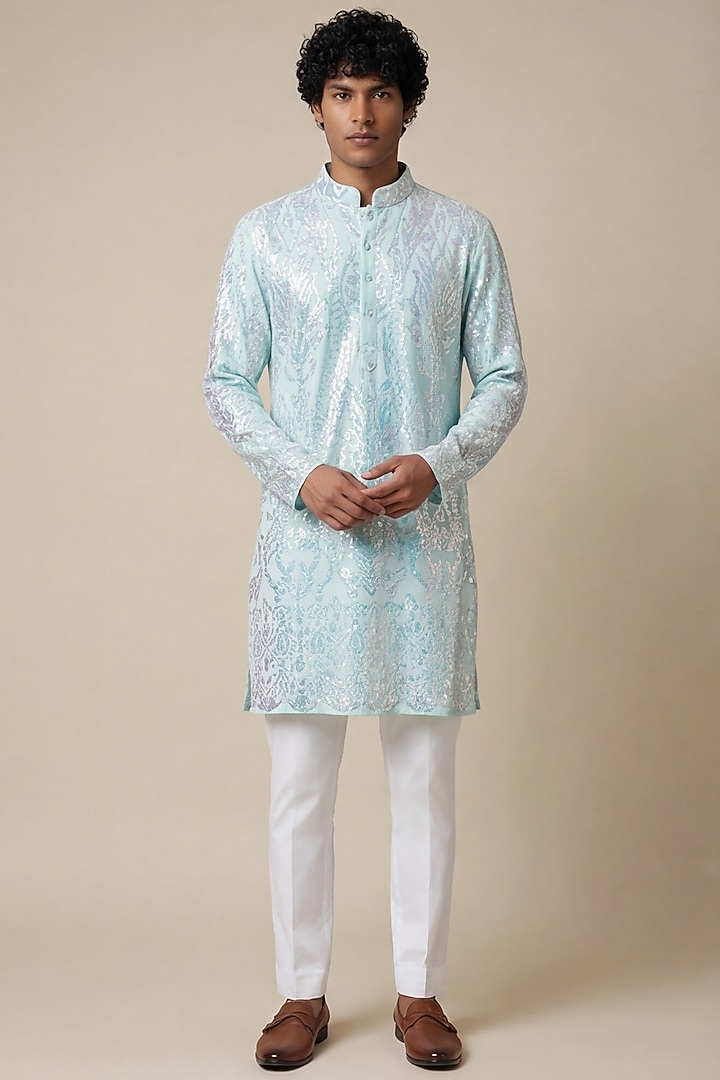 Pastel Blue Sequin Mesh Fabric Sequin Embellished Kurta by AASTHASHAH at Pernia's Pop Up Shop
