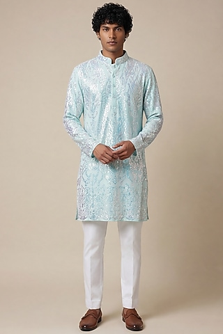 Pastel Blue Sequin Mesh Fabric Sequin Embellished Kurta by AASTHASHAH