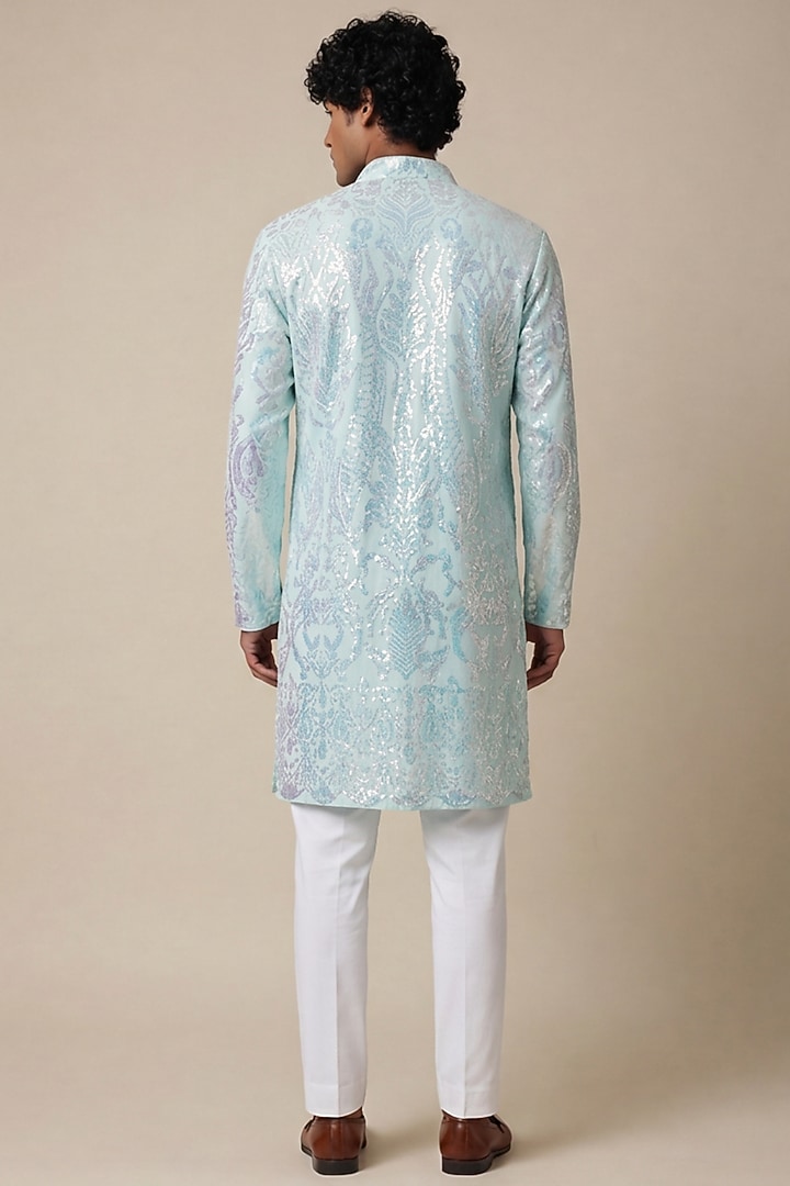 Pastel Blue Sequin Mesh Fabric Sequin Embellished Kurta by AASTHASHAH at Pernia's Pop Up Shop