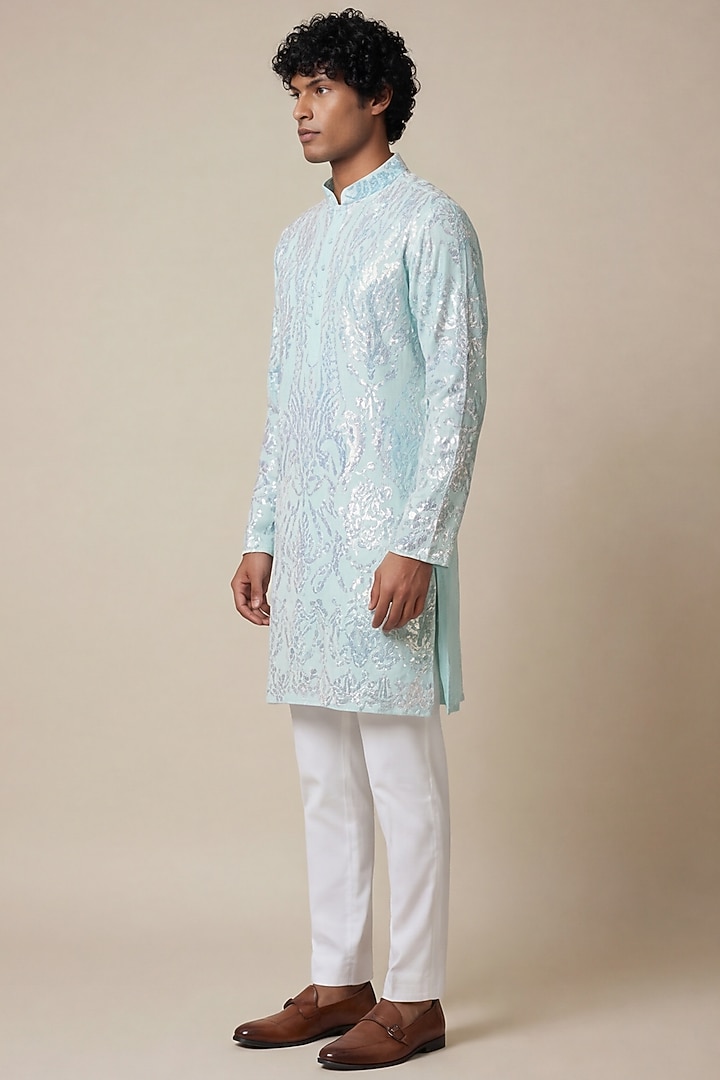 Pastel Blue Sequin Mesh Fabric Sequin Embellished Kurta by AASTHASHAH at Pernia's Pop Up Shop