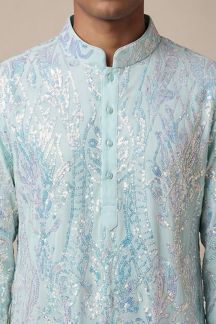 Pastel Blue Sequin Mesh Fabric Sequin Embellished Kurta by AASTHASHAH at Pernia's Pop Up Shop