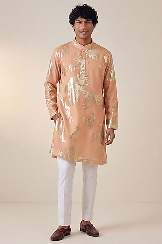 Pastel Blue Organza Foil Embellished Kurta by AASTHASHAH