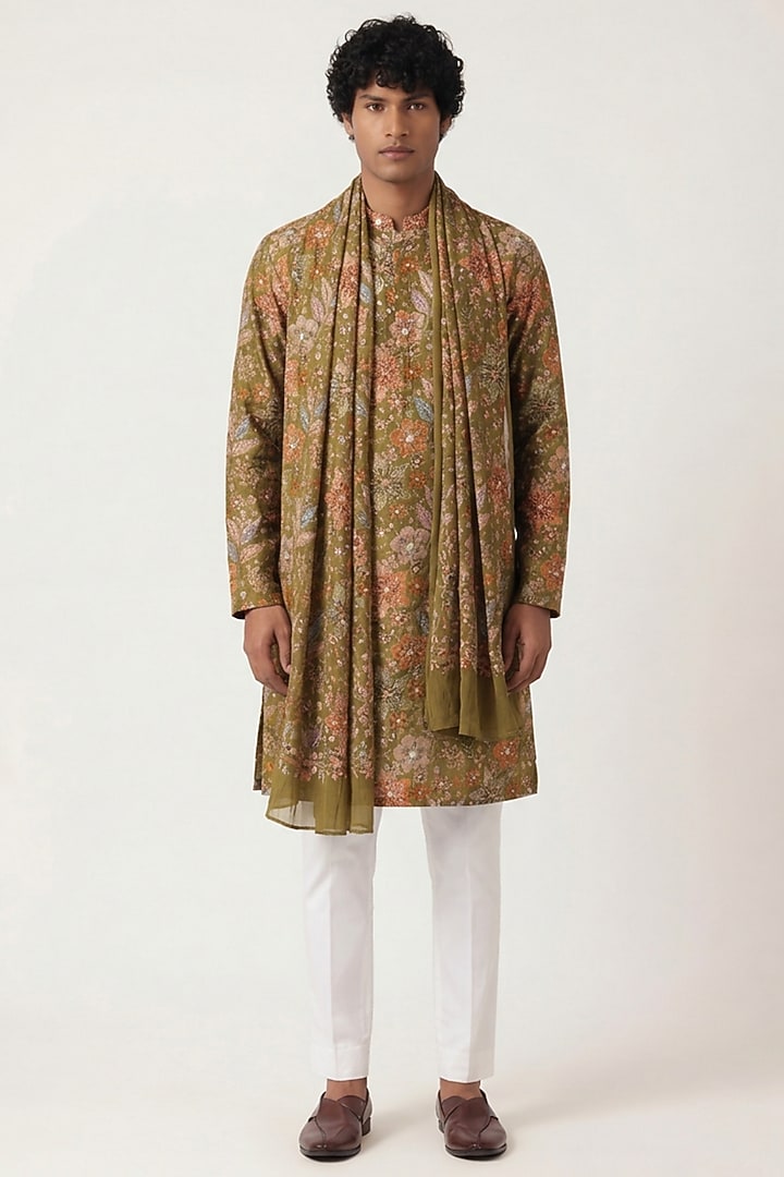 Mehendi Green Georgette Digital Printed & Embroidered Kurta by AASTHASHAH at Pernia's Pop Up Shop