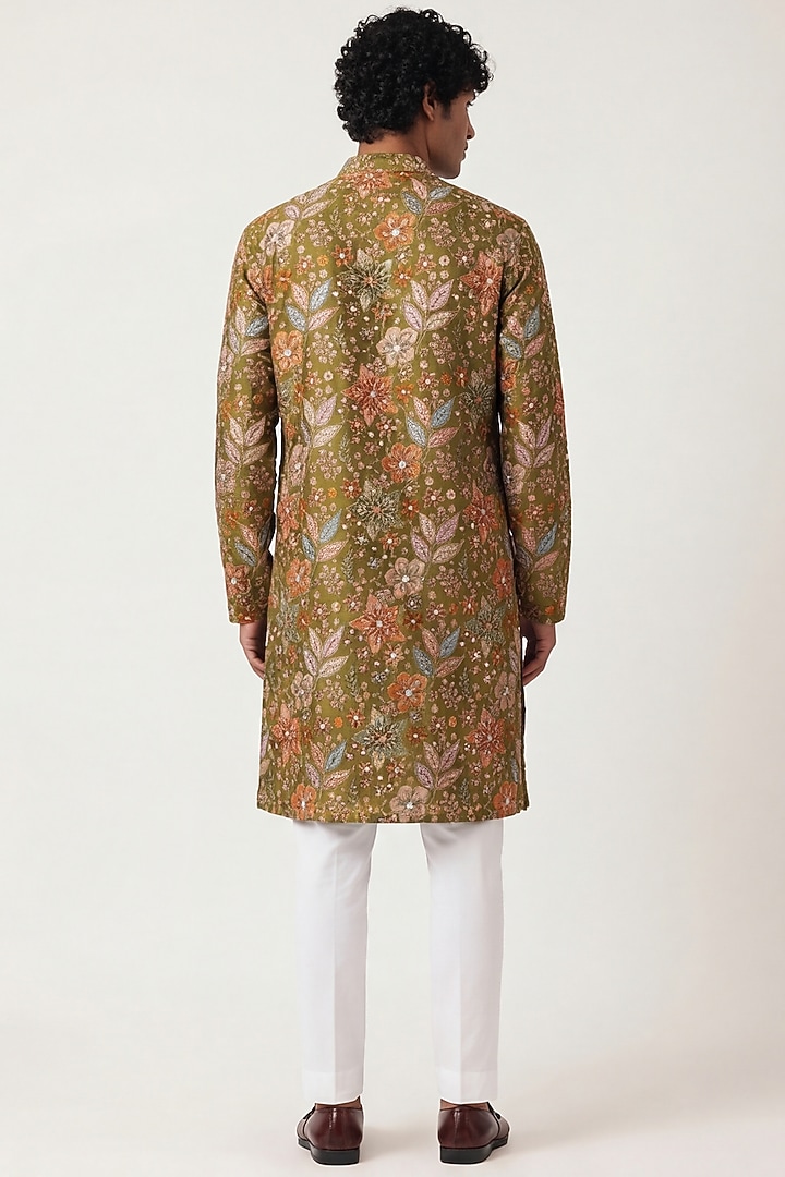 Mehendi Green Georgette Digital Printed & Embroidered Kurta by AASTHASHAH at Pernia's Pop Up Shop