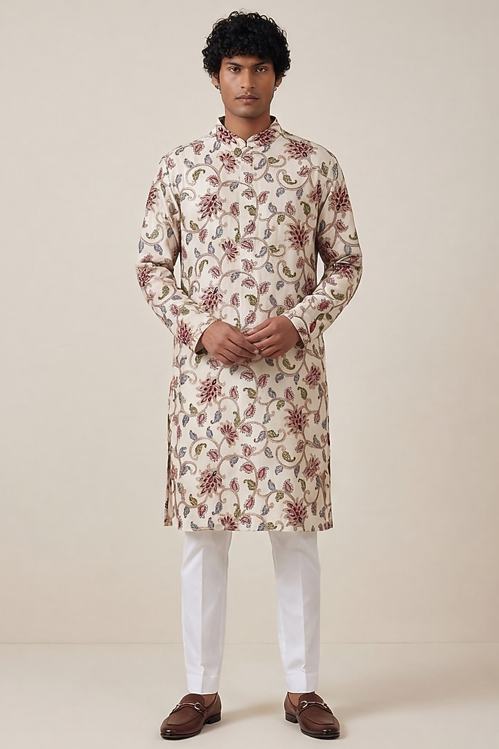 Ivory Georgette Floral Motif Work & Digital Printed Kurta by AASTHASHAH at Pernia's Pop Up Shop