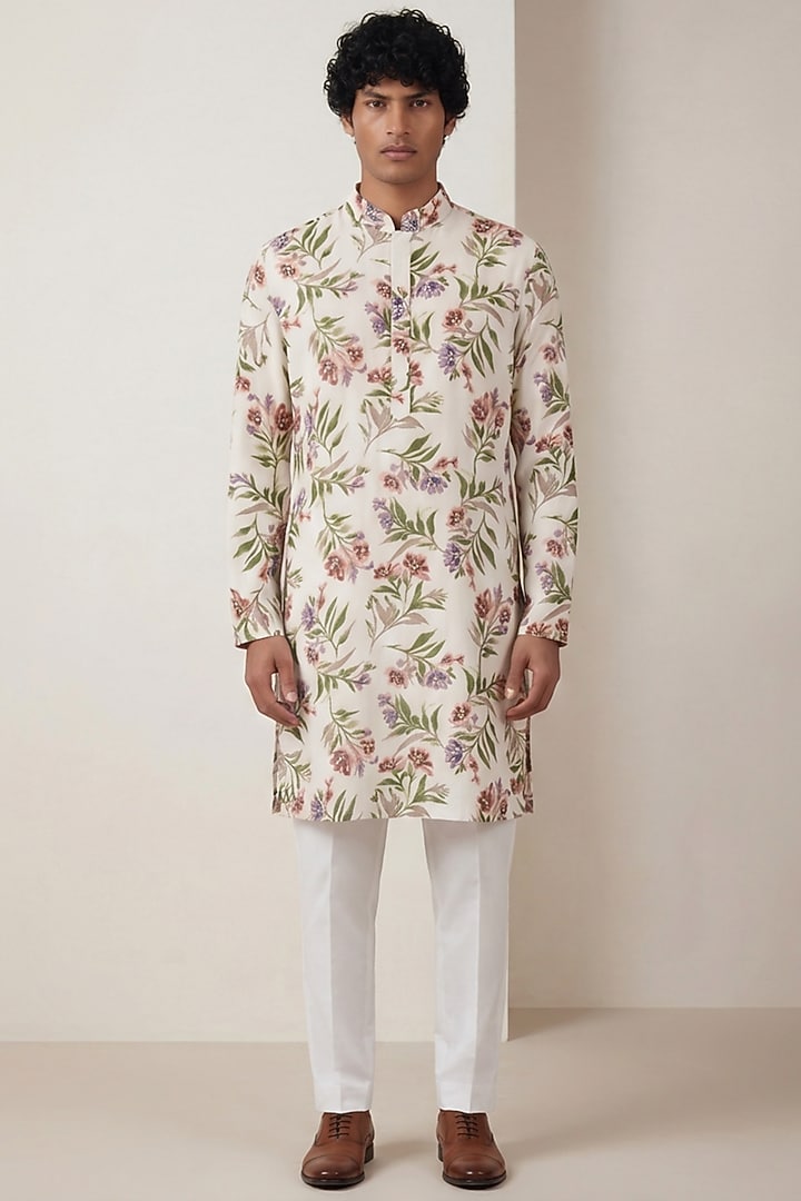 White Georgette Floral Motif Work & Digital Printed Kurta by AASTHASHAH at Pernia's Pop Up Shop