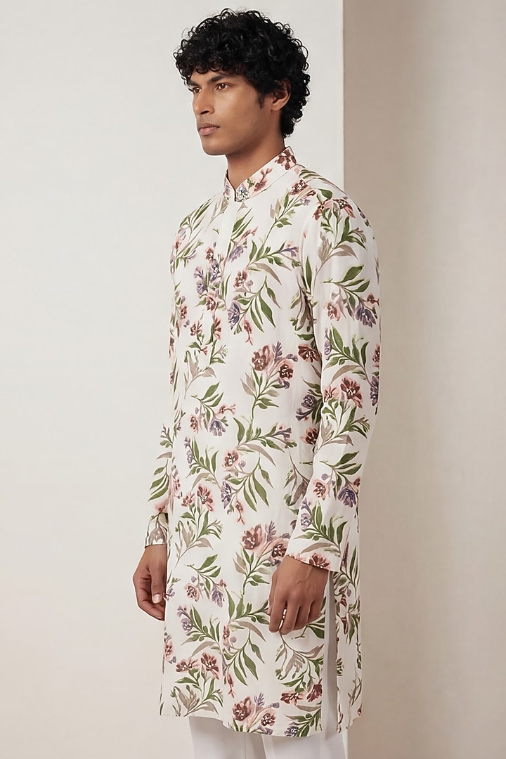 White Georgette Floral Motif Work & Digital Printed Kurta by AASTHASHAH at Pernia's Pop Up Shop