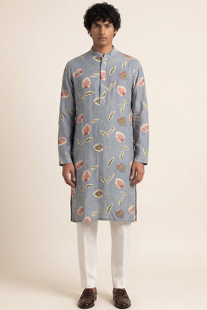Grey Cotton Silk Blend Handwork & Digital Printed Kurta by AASTHASHAH at Pernia's Pop Up Shop