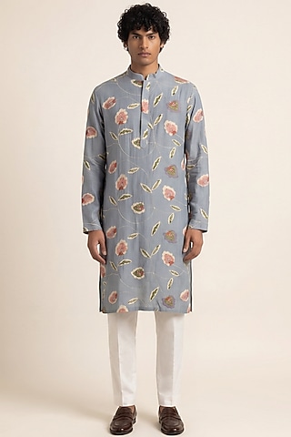 Grey Cotton Silk Blend Handwork & Digital Printed Kurta by AASTHASHAH
