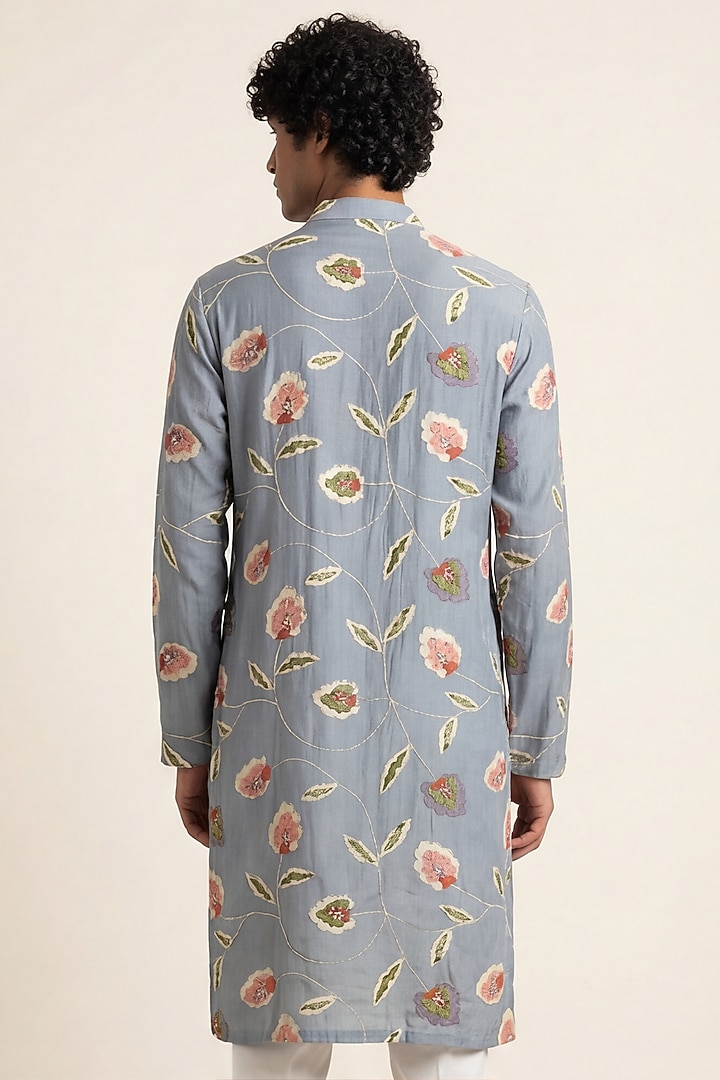 Grey Cotton Silk Blend Handwork & Digital Printed Kurta by AASTHASHAH at Pernia's Pop Up Shop
