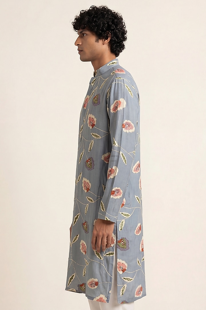 Grey Cotton Silk Blend Handwork & Digital Printed Kurta by AASTHASHAH at Pernia's Pop Up Shop