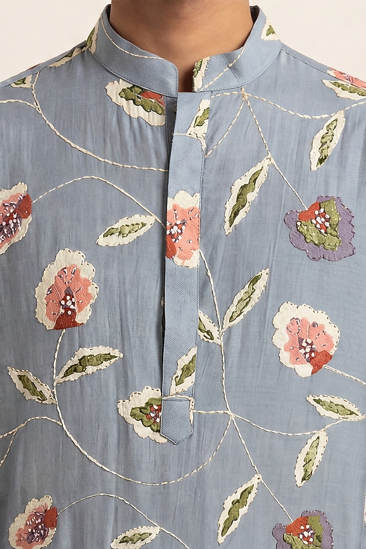 Grey Cotton Silk Blend Handwork & Digital Printed Kurta by AASTHASHAH at Pernia's Pop Up Shop