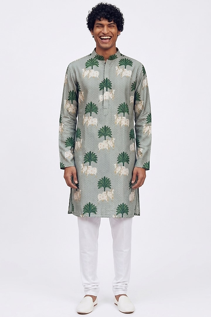 Muted Green Silk Digital Printed Kurta by AASTHASHAH at Pernia's Pop Up Shop