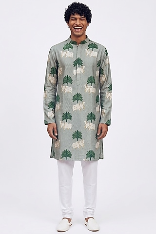 Muted Green Silk Digital Printed Kurta by AASTHASHAH