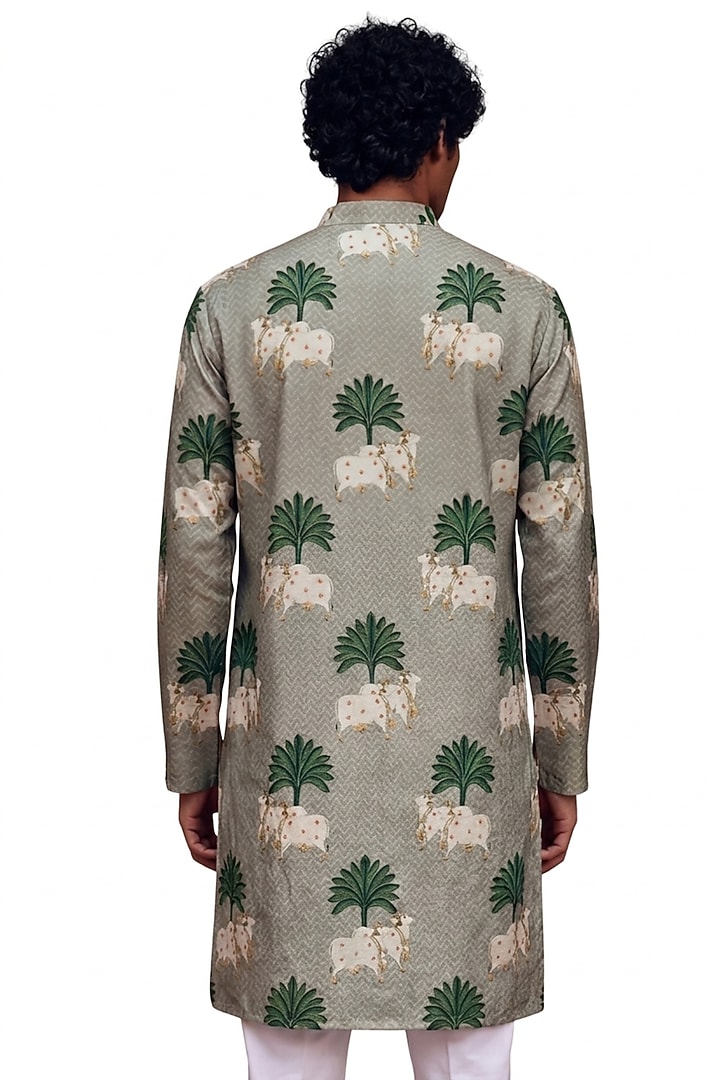 Muted Green Silk Digital Printed Kurta by AASTHASHAH at Pernia's Pop Up Shop