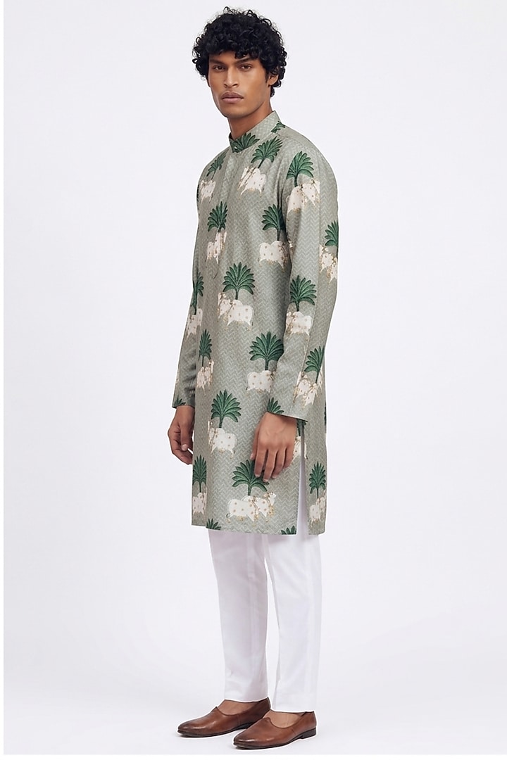 Muted Green Silk Digital Printed Kurta by AASTHASHAH at Pernia's Pop Up Shop